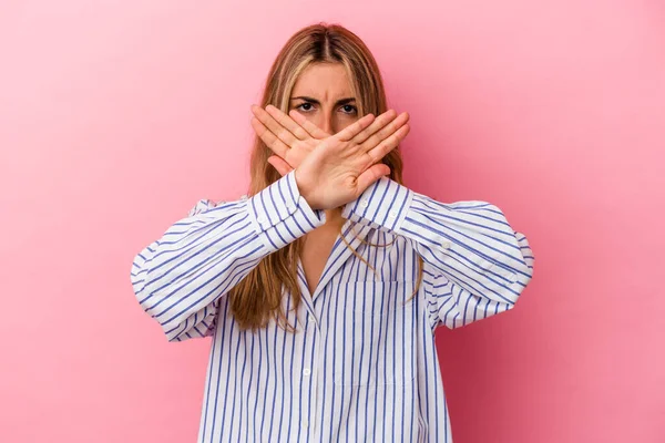 Young Blonde Caucasian Woman Isolated Pink Background Doing Denial Gesture — Stock Photo, Image