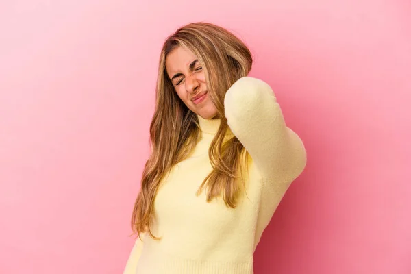 Young Blonde Caucasian Woman Isolated Pink Background Having Neck Pain — Stock Photo, Image