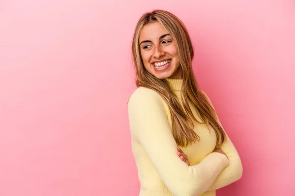 Young Blonde Caucasian Woman Isolated Pink Background Smiling Confident Crossed — Stock Photo, Image