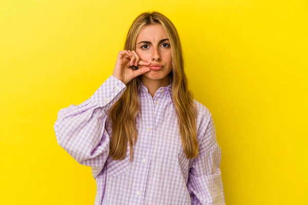 Young Blonde Caucasian Woman Isolated Yellow Background Fingers Lips Keeping — Stock Photo, Image