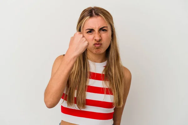 Young Blonde Caucasian Woman White Background Isolated Showing Fist Camera — Stock Photo, Image