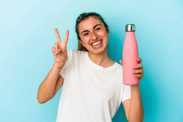 Jong Blond Blank Vrouw Houden Van Een Thermo Geïsoleerd Blauwe — Stockfoto