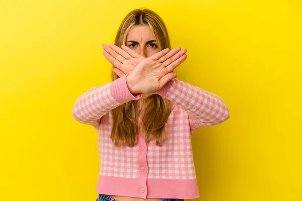 Young Blonde Caucasian Woman Isolated Yellow Background Doing Denial Gesture — Stock Photo, Image