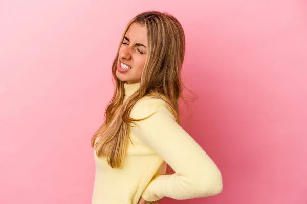 Young Blonde Caucasian Woman Isolated Pink Background Suffering Back Pain — Stock Photo, Image