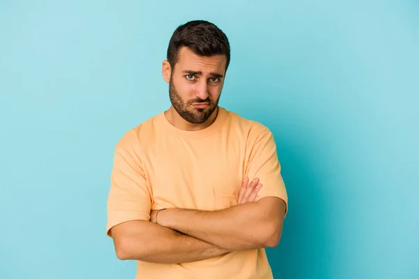 Young Caucasian Man Isolated Blue Background Who Bored Fatigued Need — Stock Photo, Image
