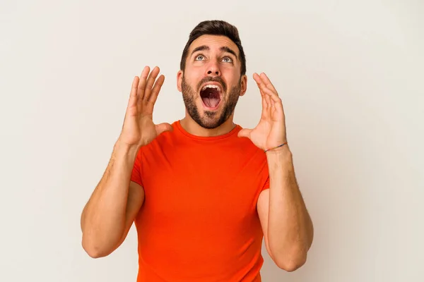 Young Caucasian Man Isolated White Background Shouting Excited Front — Stock Photo, Image