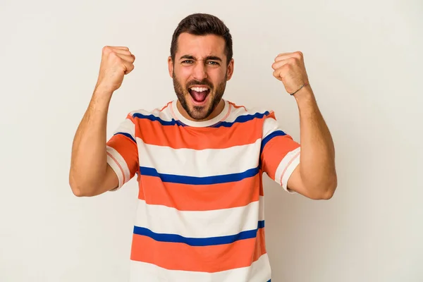 Young Caucasian Man Isolated White Background Cheering Carefree Excited Victory — Stock Photo, Image