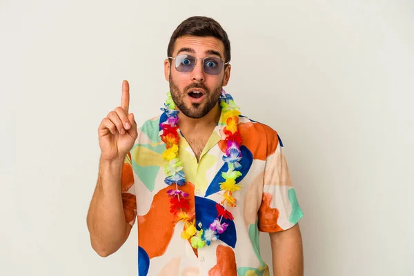 Young Caucasian Man Dancing Hawaiian Party Isolated White Background Having — Stock Photo, Image