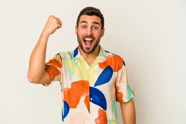 Young Caucasian Man Isolated White Background Cheering Carefree Excited Victory — Stock Photo, Image