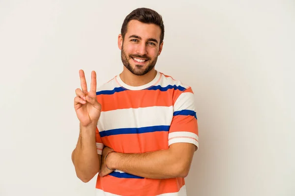 Jovem Caucasiano Isolado Fundo Branco Mostrando Número Dois Com Dedos — Fotografia de Stock