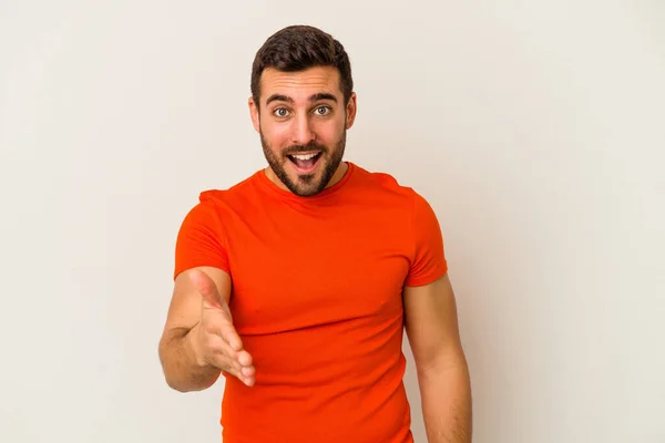 Young Caucasian Man Isolated White Background Stretching Hand Camera Greeting — Stock Photo, Image