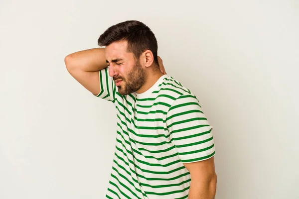 Hombre Joven Caucásico Aislado Sobre Fondo Blanco Sufriendo Dolor Cuello — Foto de Stock