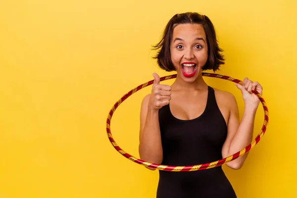 Young Mixed Race Gymnastic Woman Isolated Yellow Background Smiling Raising — Stock Photo, Image