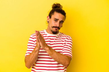 Sarı arka planda izole edilmiş uzun saçlı, genç beyaz bir adam enerjik ve rahat hissediyor, ellerini ovuşturuyor, kendinden emin..