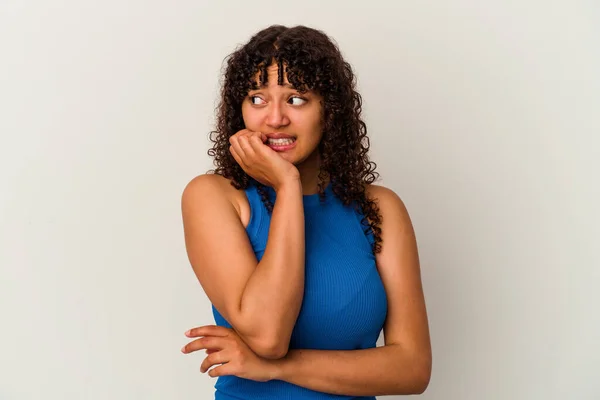 Young Mixed Race Woman Isolated White Background Biting Fingernails Nervous — Stock Photo, Image