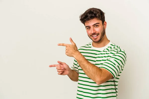 Young Caucasian Man Isolated White Background Pointing Forefingers Copy Space — Stock Photo, Image