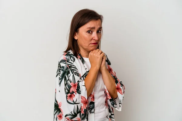 Middelbare Leeftijd Blanke Vrouw Geïsoleerd Witte Achtergrond Bang Bang — Stockfoto