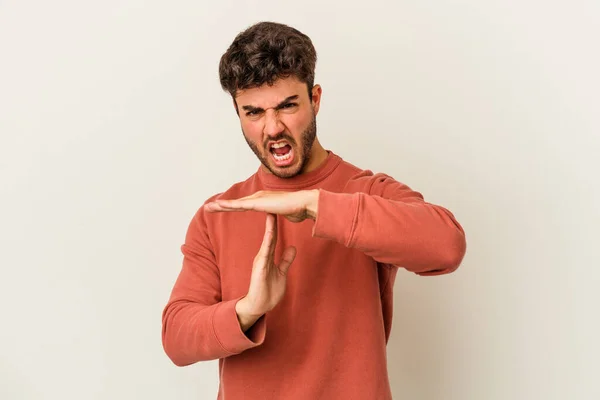 Jovem Caucasiano Isolado Fundo Branco Mostrando Gesto Tempo Limite — Fotografia de Stock