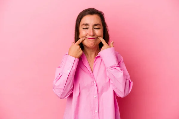 Middle Age Caucasian Woman Isolated Pink Background Doubting Two Options — Stock Photo, Image