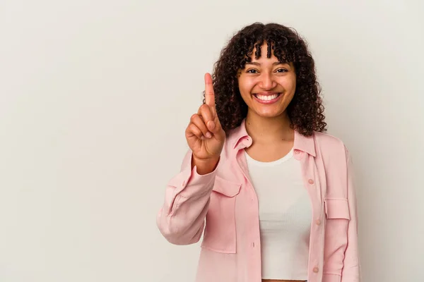 Young Mixed Race Woman Isolated White Background Showing Number One — Stock Photo, Image