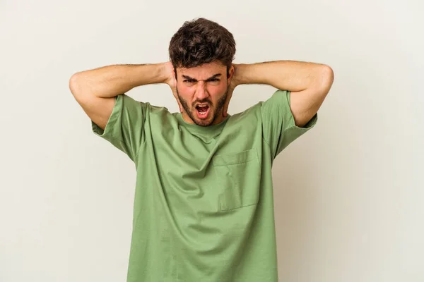 Young Caucasian Man Isolated White Background Screaming Rage — Stock Photo, Image