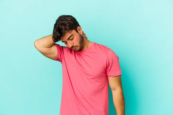 Young Caucasian Man Isolated Blue Background Having Neck Pain Due — Stock Photo, Image