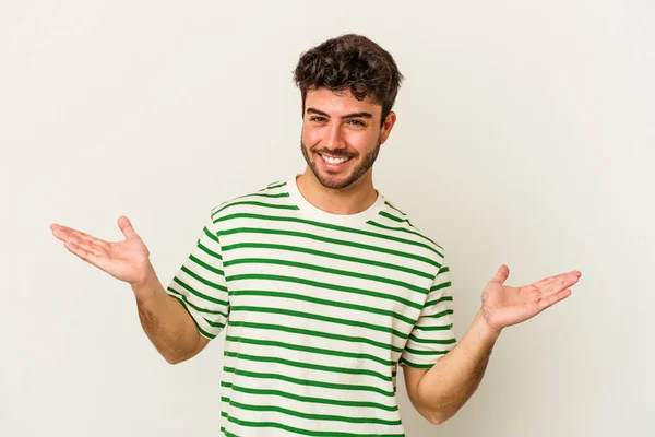 Young Caucasian Man Isolated White Background Showing Welcome Expression — Stock Photo, Image