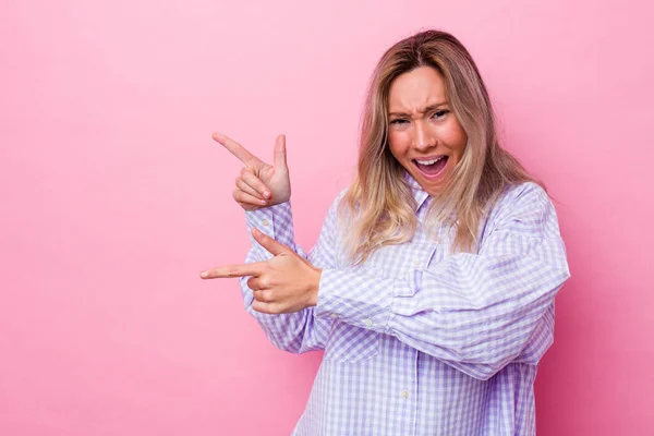 Young Australian Woman Isolated Pointing Forefingers Copy Space Expressing Excitement — Stock Photo, Image