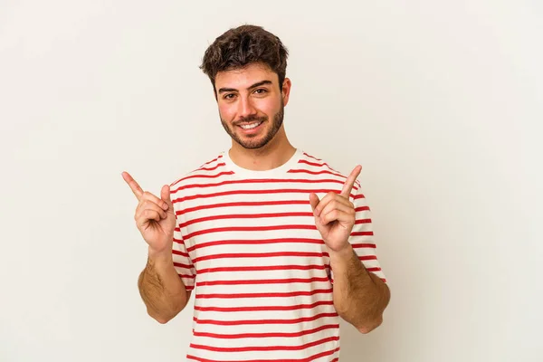 Young Caucasian Man Isolated White Background Pointing Different Copy Spaces — Stock Photo, Image