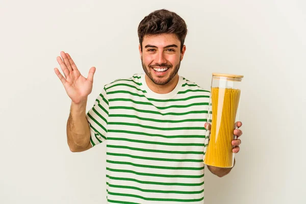 Jovem Caucasiana Segurando Frasco Massa Isolado Fundo Branco Recebendo Uma — Fotografia de Stock