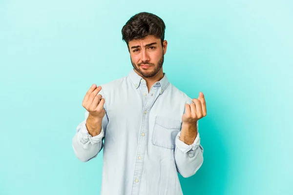 Giovane Uomo Caucasico Isolato Sfondo Blu Mostrando Che Lei Non — Foto Stock