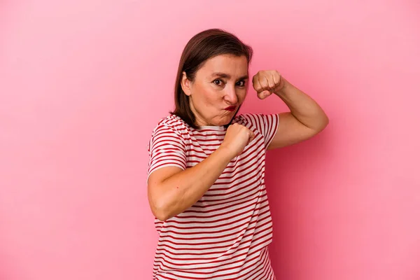 Middle Age Caucasian Woman Isolated Pink Background Throwing Punch Anger — Stock Photo, Image