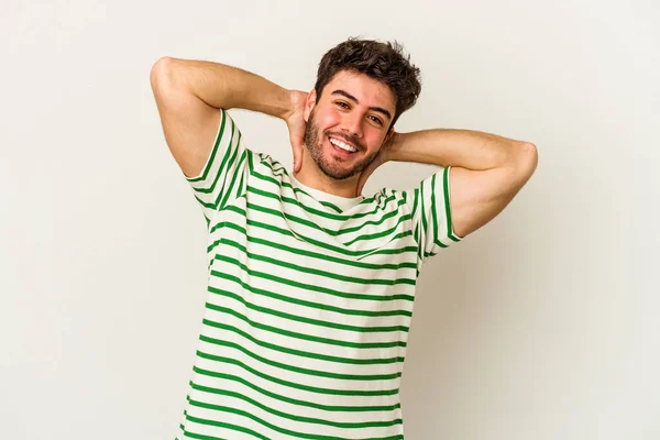 Jonge Blanke Man Geïsoleerd Witte Achtergrond Gevoel Vertrouwen Met Handen — Stockfoto