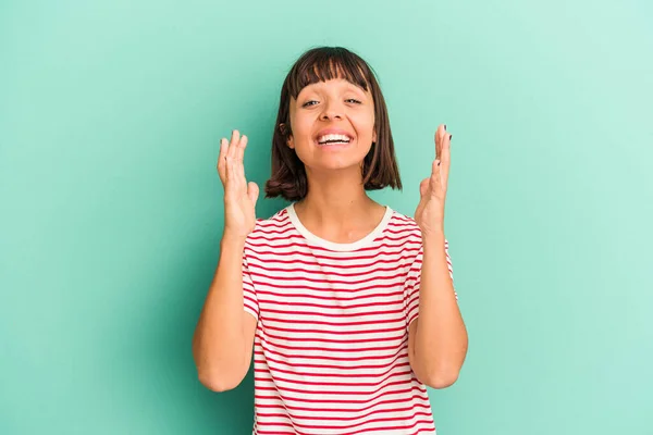 Young Mixed Race Woman Isolated Blue Laughs Out Loudly Keeping — Stock Photo, Image