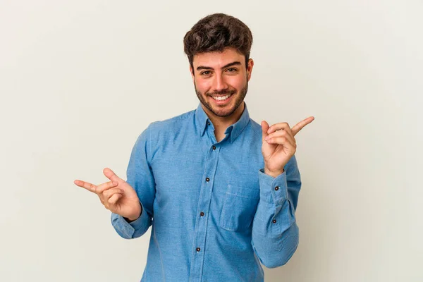 Young Caucasian Man Isolated White Background Pointing Different Copy Spaces — Stock Photo, Image