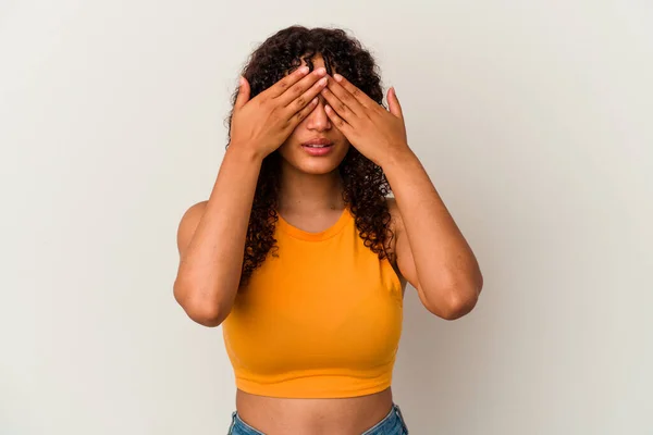 Young Mixed Race Woman Isolated White Background Afraid Covering Eyes — Stock Photo, Image
