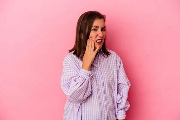 Middle Age Caucasian Woman Isolated Pink Background Having Strong Teeth — Stock Photo, Image