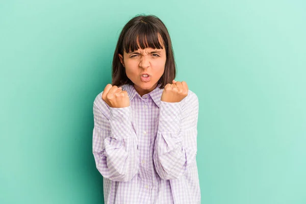 Young Mixed Race Woman Isolated Blue Showing Fist Camera Aggressive — Stock Photo, Image