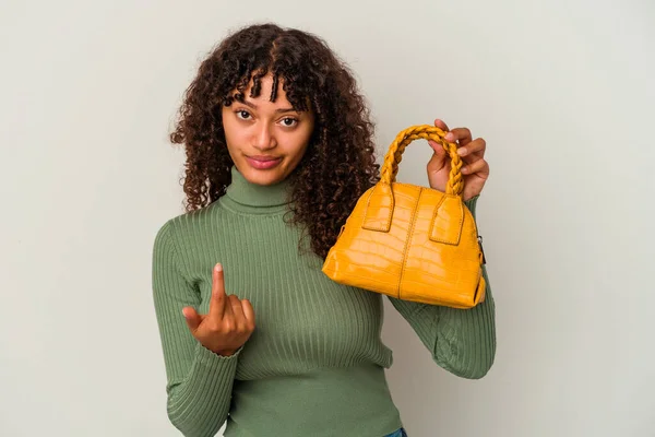 Young Mixed Race Woman Holding Handbag Isolated White Background Pointing — Stock Photo, Image