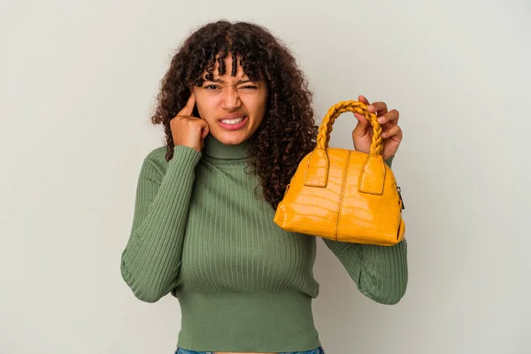 Young Mixed Race Woman Holding Handbag Isolated White Background Covering — Stock Photo, Image