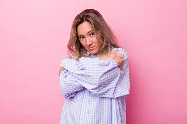 Young Australian Woman Isolated Hugs Smiling Carefree Happy — Stock Photo, Image