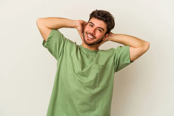 Jonge Blanke Man Geïsoleerd Witte Achtergrond Gevoel Vertrouwen Met Handen — Stockfoto