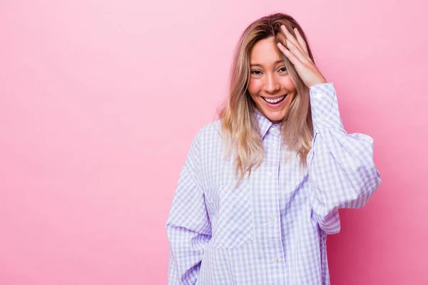 Young Australian Woman Isolated Shouts Loud Keeps Eyes Opened Hands — Stock Photo, Image