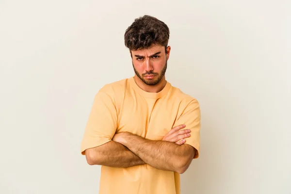 Young Caucasian Man Isolated White Background Shrugs Shoulders Open Eyes — Stock Photo, Image