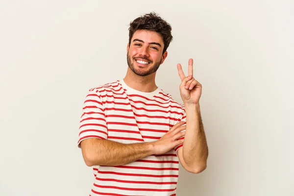 Jovem Caucasiano Isolado Fundo Branco Mostrando Número Dois Com Dedos — Fotografia de Stock