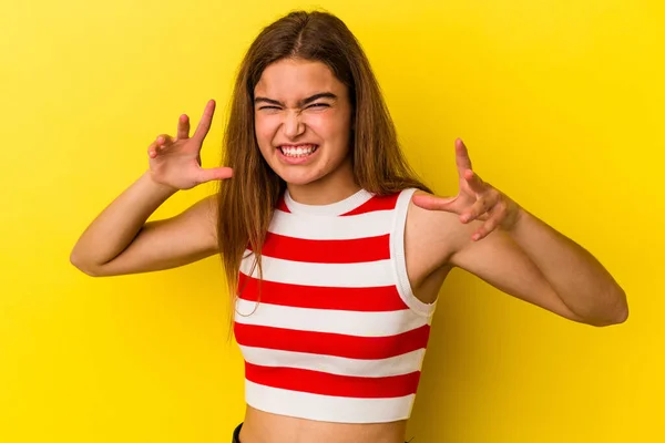 Young Caucasian Woman Isolated Yellow Background Showing Claws Imitating Cat — Stock Photo, Image