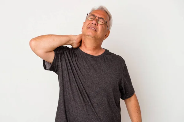 Senior American Man Isolated White Background Massaging Elbow Suffering Bad — Stock Photo, Image