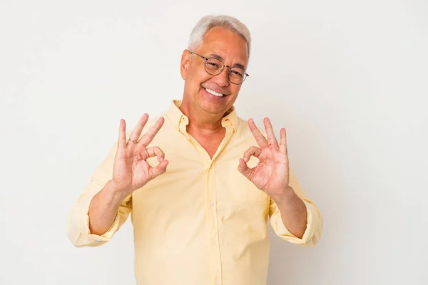 Senior American Man Isolated White Background Cheerful Confident Showing Gesture — Stock Photo, Image