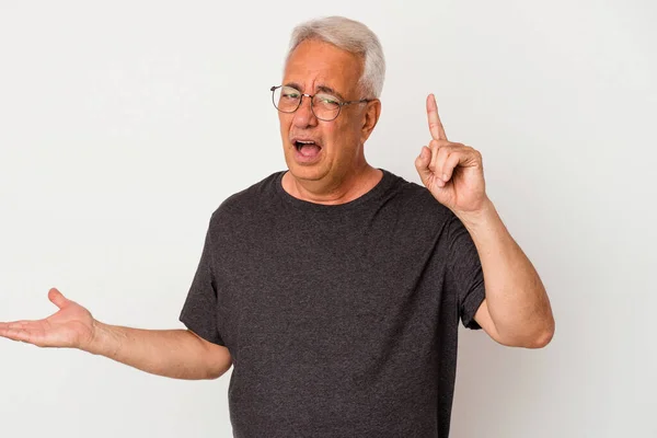 Senior American Man Isolated White Background Holding Showing Product Hand — Stock Photo, Image