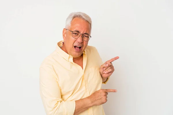 Senior American Man Isolated White Background Pointing Forefingers Copy Space — Stock Photo, Image